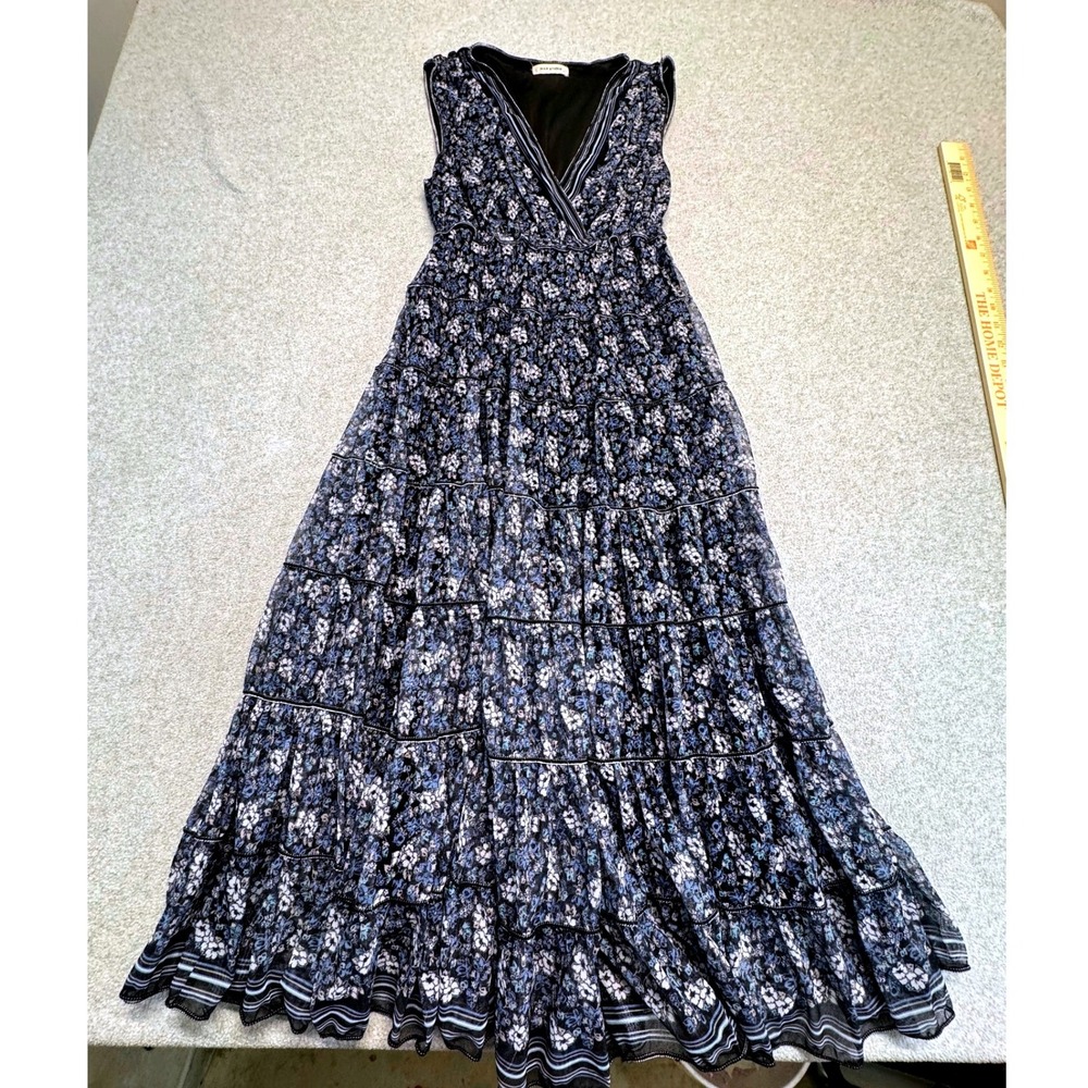 Max Studio Small Floral Tiered Maxi Dress Blue Boho Cottagecore Sleeveless Long